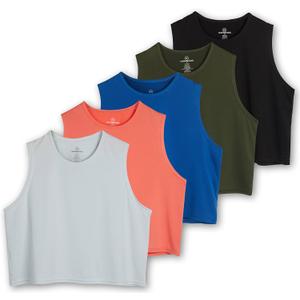 Real Essentials 5 Pack: Women's Dry Fit Crop Summer Tank Top - Gym Yoga Workout Sports Tee (S)