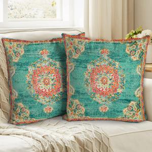 Boho Throw Pillow Covers 16x16 inch Set of 2, Bohemian Vintage Carpet Pattern Antique Ethnic Decor Double Sided Pattern Cushion Cover Soft Pillow Case Living Sofa Room Bed Square Pillow Cover