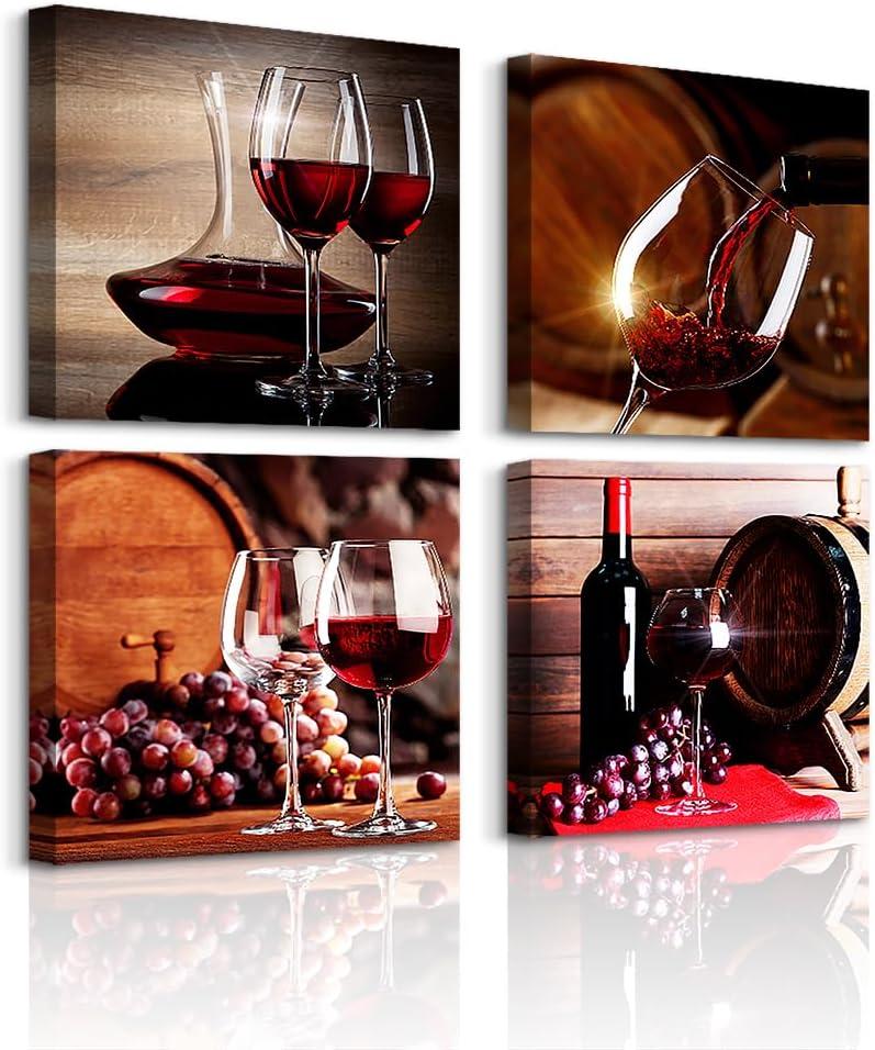 Lapremoly Dining Room Wall Decor Canvas Art for Kitchen - 4 Piece Wine Glass Painting - Modern Still Life Frame Pictures for Bar, Restaurant - Vintage Home Decor Ready to Hang (16L" x 16W")