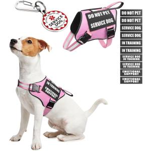 Service Dog Vest Harness+ID Tag+10 Patches,Metal Serivce Dog Tag&Reflective Emotional Support Dog Vest with Handle for Small Dogs,Easy Put On/Off for Training/Walking/Everyday Pink,XS