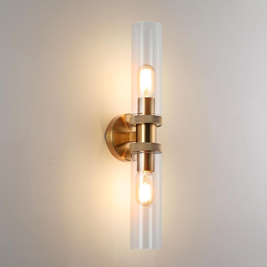 2 Light Bathroom Vanity Light Brushed Bronze, Bathroom Light Fixtures Side Mirror,Hallway Vanity Lights Fixtures, Modern Wall Lamp for Bedroom with Glass Shade