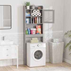 ZenStyle Over The Toilet Cabinet Double Door Wood Bathroom Storage Organizer with Adjustable Shelves, Cubby and Tempered Glass Door (Grey)