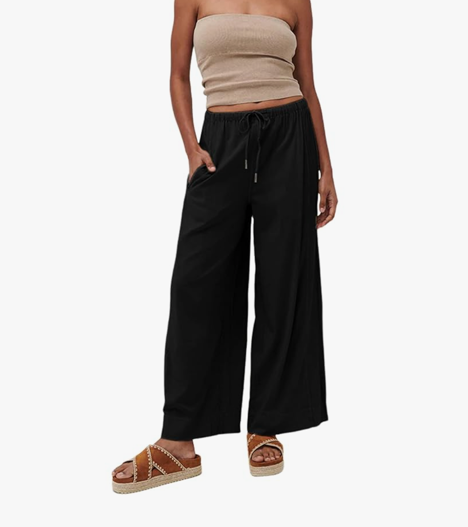 Faleave Women's Linen Palazzo Pants Summer Wide Leg High Waist Casual Lounge Pant Trousers with Pocket L