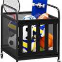 storenization Ball Storage Cart, Sports Equipment Organizer with Wheels, Storing Volleyball, Basketball, Soccer, Baseball and Toy, Lockable Rolling Sports Ball Storage for Garage, Playgroup and Gym (Middle)