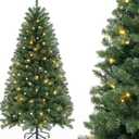 HAPPYGRILL 6 FT Pre-Lit Christmas Tree, Artificial Xmas Tree with 568 PVC Branch Tips, 200 Warm White LED Lights, 8 Lighting Modes & Gloves, Hinged Festive Tree for Home Office