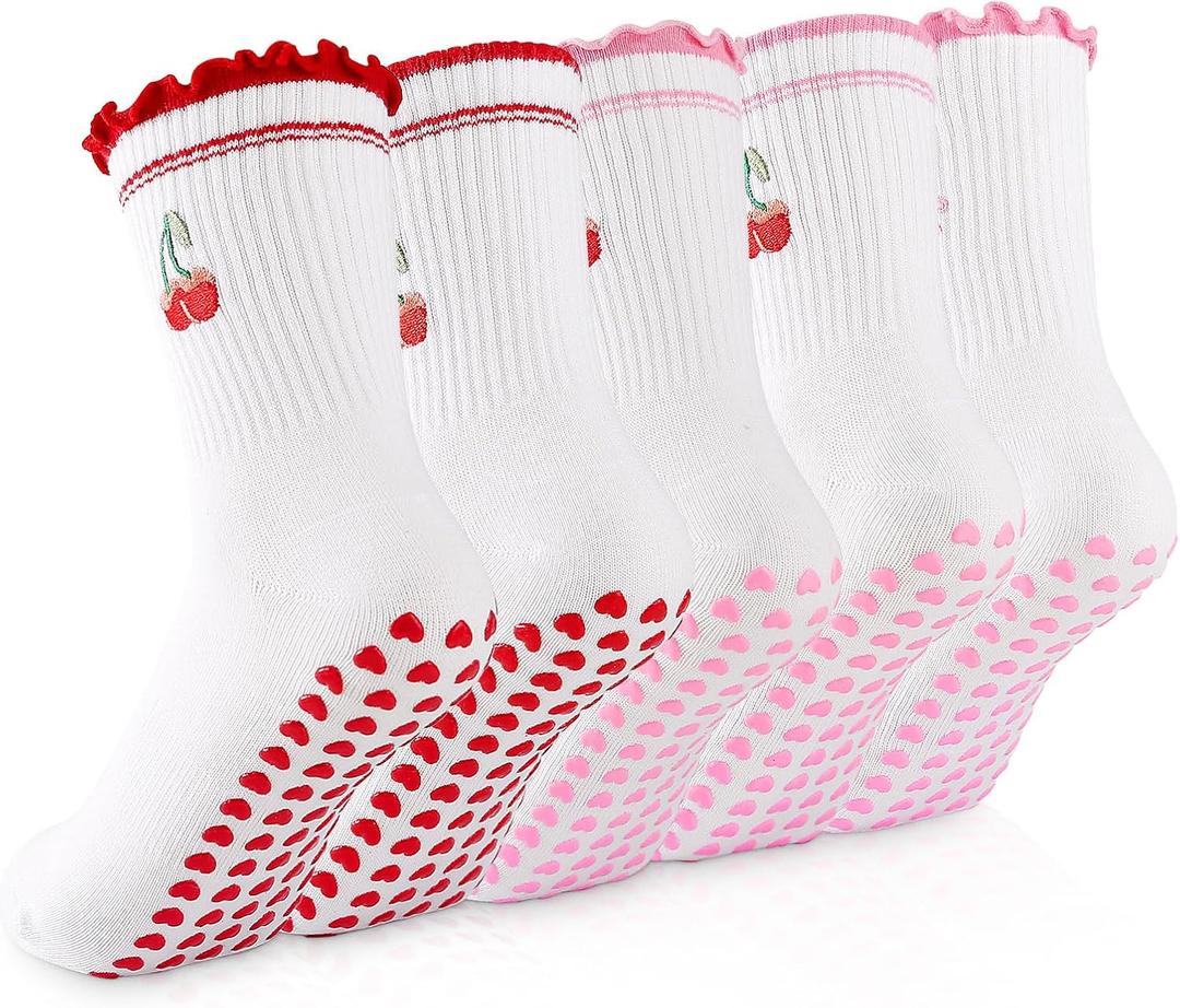 Cute Pilates Socks with Grips for Women Non-slip Grippy Yoga Sock Crew Size 7-9 for Barre Ballet Barefoot Workout (White)