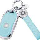 For Buick Key Fob Cover with Keychain, Blue Leather Rhinestone Key Case Protection Shell Compatible with Encore Enclave Lacrosse Envision Verano Regal GL8 Bling Car Accessories