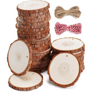 wohohoho 32pcs 3.6-4 inches Natural Wood Slices, Unfinished Craft Wood Kit Predrilled with Hole Thickened Wooden Circles with Bark for DIY Ornaments Christmas Wedding Decorations Wood Coasters Tags