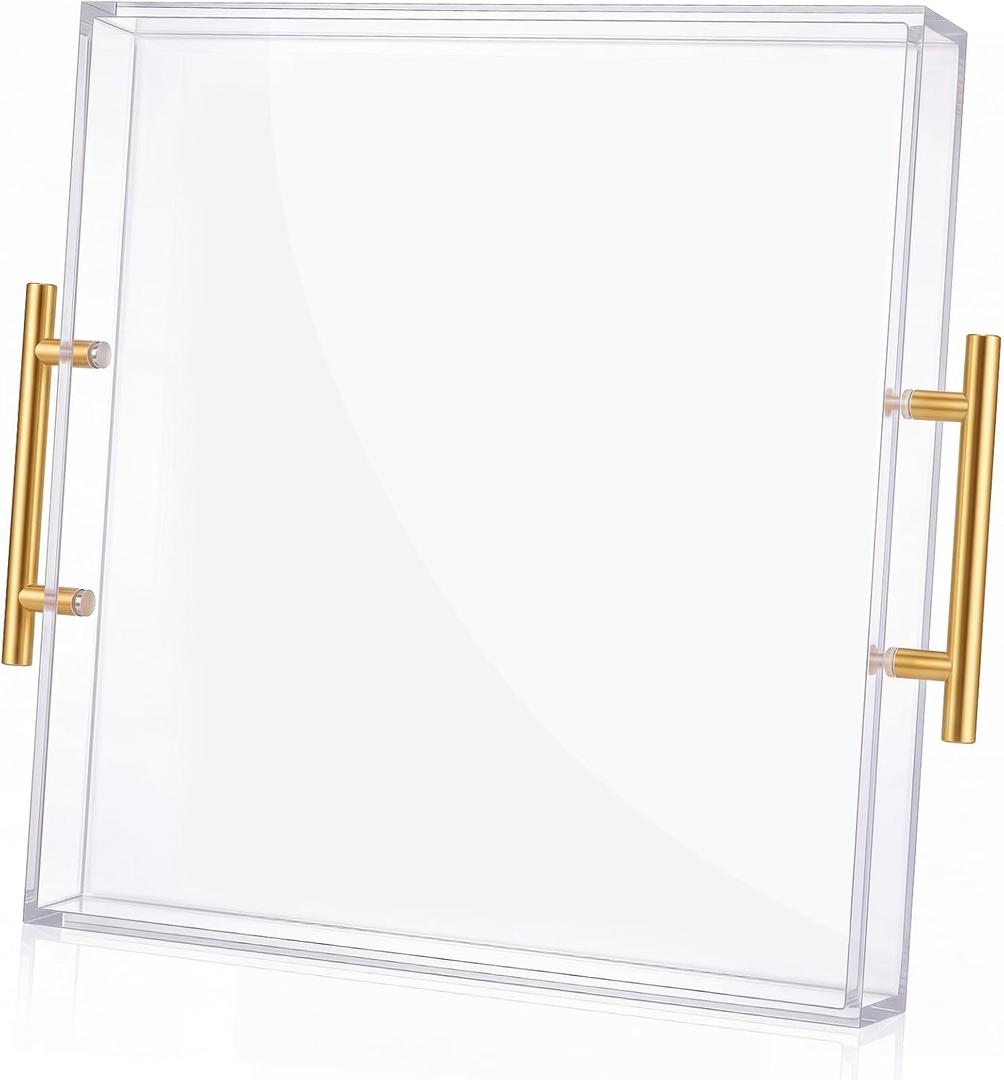 Gerrii 24" x 24" Extra Large Acrylic Ottoman Tray with Gold Handles, Large Clear Coffee Table Serving Tray Square Decorative Centerpiece Platter for Living Room, Bar, Perfume Display and Home Decor
