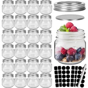 CycleMore 24 Pcs 8oz Clear Glass Mason Jars With Regular Silver Separable Lids, 250ml Round Spice Canning Jars for Honey, Jam, Herb, Wedding Favors, Kitchen Storage, DIY Souvenir