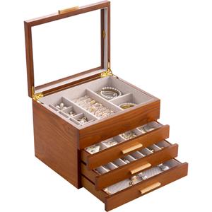 Lolalet Jewelry Box, Clear Window Wood Jewelry Storage for Earrings Bracelets Necklaces Rings, High Capacity Organizer for Women, Valentine's Day Gift -Cherrywood, 4 Layers