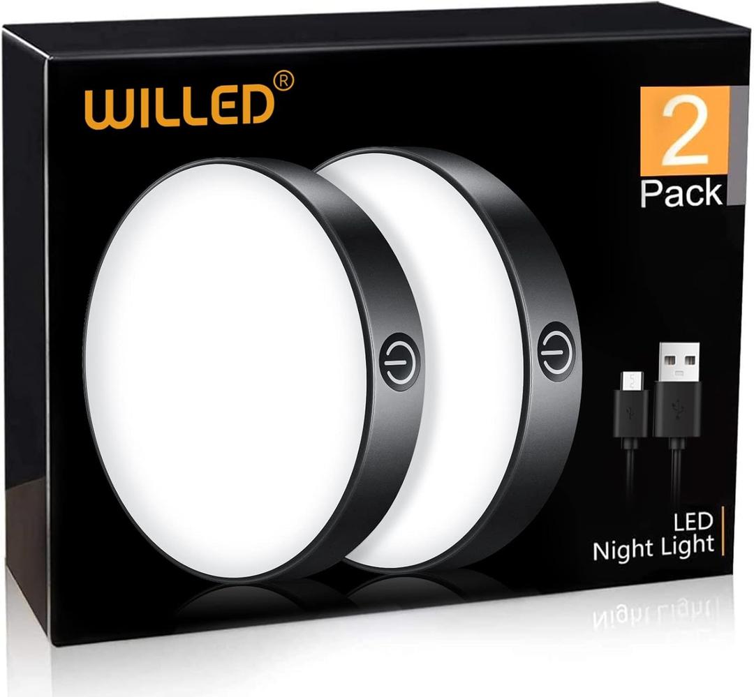 WILLED Tap Light Rechargeable, 6000K Dimmable Touch Light Buit-in 1000mAh Large Battery, Stick on Closet Light, Portable LED Puck Night Lights for Cabinet, Wardrobe, Counter, Kitchen, Bedroom (2 Pack) (Pure White 6000K, Black)