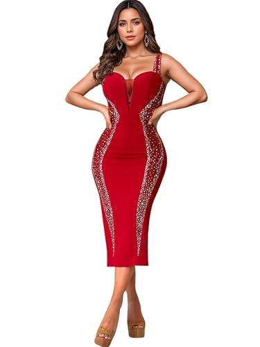 Figdaw Sparkly Sequin Midi Dress Formal Evening Cocktail Dresses for Women Wedding Guest,Date Night,Gala Events,Holiday Party(Red,XXL,7070)