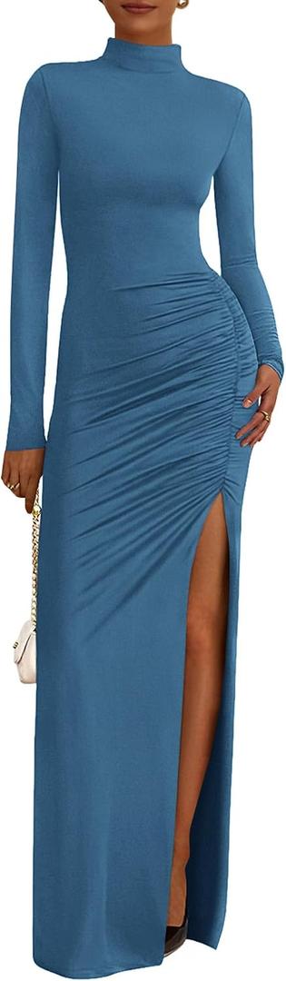 BTFBM Formal Dresses for Women 2026 Spring Long Sleeve Mock Neck Ruched Bodycon Slit Maxi Wedding Guest Dress Cocktail (Blue, XL)