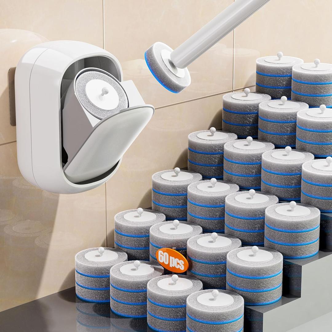 CTIME Disposable Toilet Brush Family Set Includes 60 Brush Heads, a Stylish Brush Handle, an Automatically Opening Replacement Brush Head Storage Box. Suitable for Bathrooms, Toilets and RVs