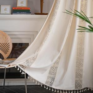 Sutuo Home Boho Curtains Crochet Lace Patchwork Semi-Blackout Bohemian Handmade Tassels, Rod Pocket Window Treatment Vintage Rustic Farmhouse Drapes for Living Bedroom, 1 Panel 59" W x 84" L, Beige