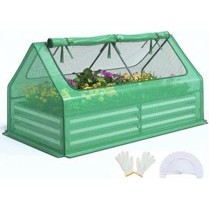 Quictent 6x3x1ft Galvanized Raised Garden Bed with Cover Metal Planter Bottomless Box w/ 2 Large Screen Windows Mini Greenhouse 20pcs T-Tags 1 Pair Gloves Outdoor Growing Vegetables (Green)
