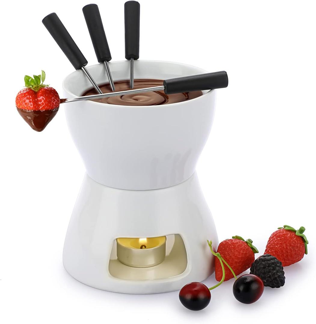 BSTKEY 400ML Ceramic Butter Warmer Set with 4 Forks, Fondue Pot Melting Pot Set, Melt Hot Pot Bowl Set For Cheese Chocolate Butter Caramel