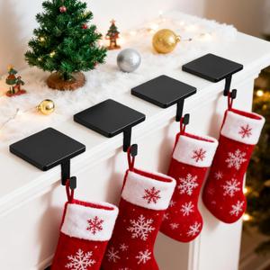 Joinor Set of 4 Metal Christmas Stocking Holders for Mantle Heavy Duty Stocking Hangers Stocking Hook Christmas Ornaments for Counter Tables Window Fireplace Mantle Decoration (Black)