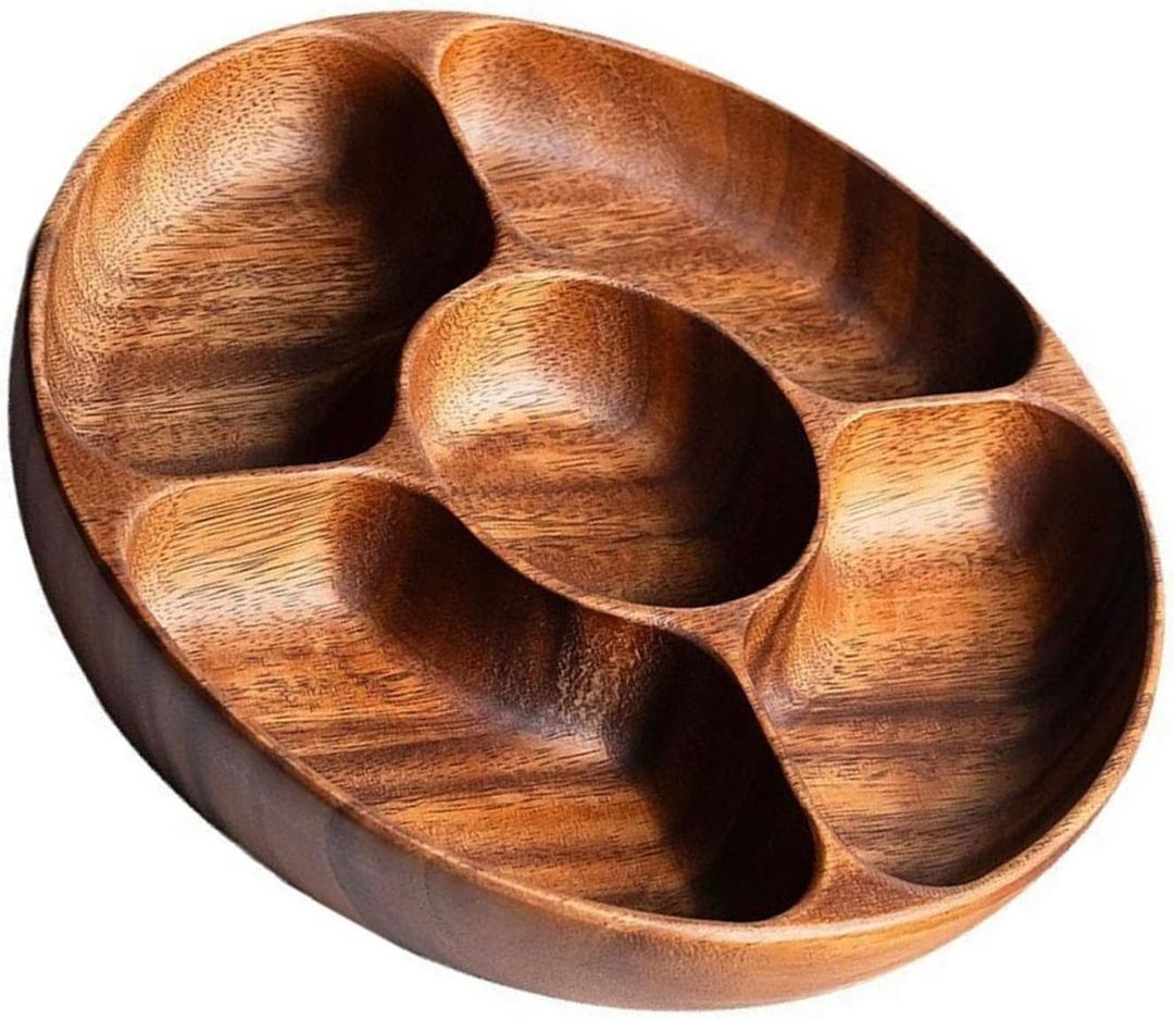 Wood Divided Servings Tray Dinner Platters Round Candy Tray Fruit Plate For Party Dishes Snacks Dried Fruit Easy To Use
