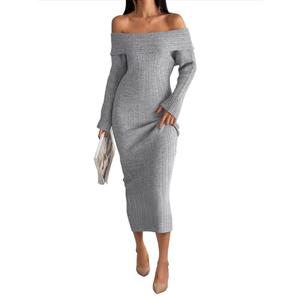 LILLUSORY Women Fall Off The Shoulder Baby Shower Midi Sweater Dress 2025 Wedding Guest Long Sleeve Bodycon Date Night Outfit Grey M
