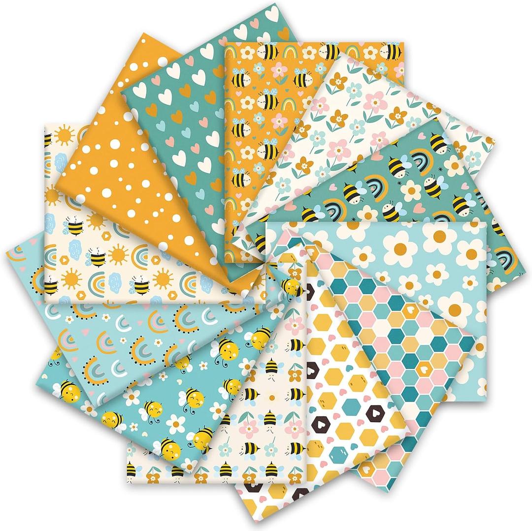 2 x FYSUIMU 12Pcs Summer Cotton Fabric Bundles Bee Flower Fat Quarters Colorful Cartoon Sewing Fabrics for DIY Craft Party Decor, 18 x 22 Inch