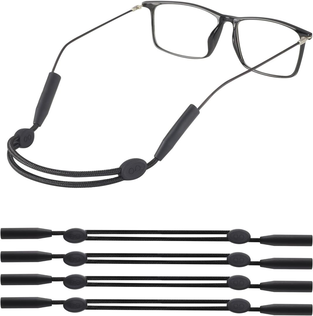 Glasses Strap for Slim Leg - Adjustable Eyeglasses Strap, Sunglasses Straps Holder for Men Women - No Tail Glasses holder Eyewear Retainers Eye Glass String Straps(4pcs Black 14inch)