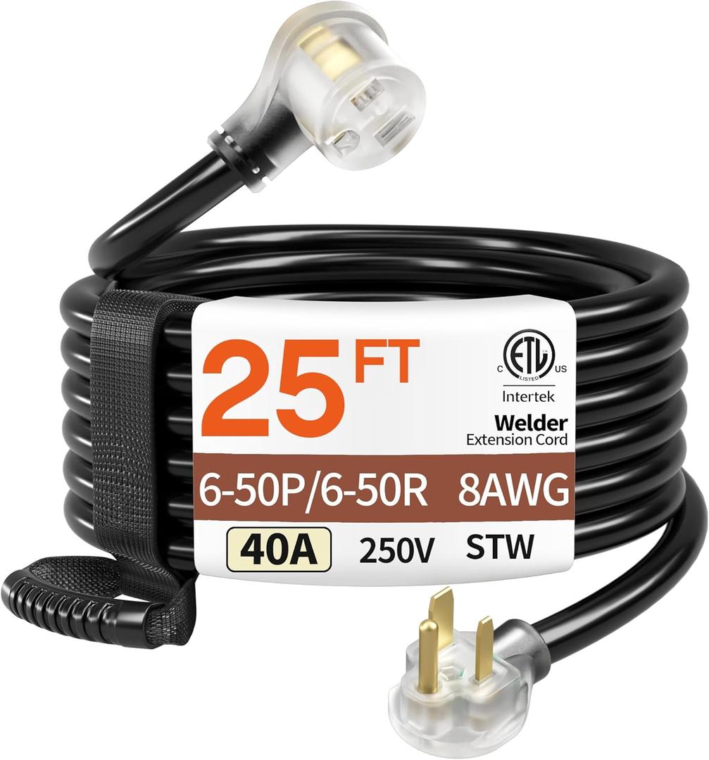 25FT 40 Amp 8 Gauge 3 Prong Welder Extension Cord, NEMA 6-50P to NEMA 6-50R, Heavy Duty 250V Welding Extension Cable with LED Indicatorfor Lincoln, Plasma, Miller, STW, ETL Listed