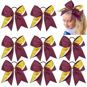 8PCS Cheer Bows Bulk Glitter Cheerleading Bows Girls Hair Bows Maroon Gold Cheer Bows Elastic Band Ponytail Holder for Cheerleaders Teen Girls College Sports Competition
