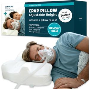 Lunderg CPAP Pillow for Side & Back Sleepers - Memory Foam with Adjustable Height - 2 Pillowcases Included (Machine Washable) - Reduce Air Leaks & Mask Pressure for Better Sleep - Works with ALL Masks, Full Size (Home)