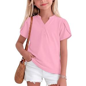 LessonZoo Girls Petal Short Sleeve T-Shirt V-Neck Button Top Solid T Shirts Summer Casual Tee (13-14 Years,Light Pink)