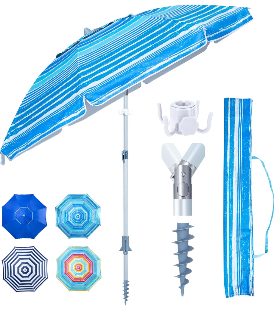 Tempera Heavy Duty High Wind Beach Umbrella with Sand Anchor & Carry Bag|Patio Outdoor Umbrella with Aluminum Frame and Push Button Tilt, Ideal for Travel Garden Lawn, UPF 60+