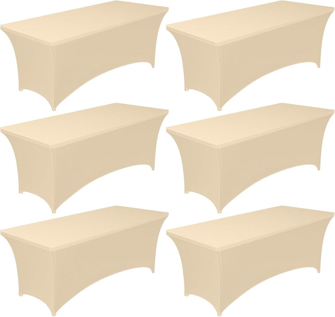 Pureegg Spandex Tablecloth 6ft - 6 Pack, Fitted and Stretch Table Cover for Rectangle Tables, Wrinkle-Resistant and Secure Fabric for Outdoor, Picnic, Party, Wedding, Banquet and Birthday, Champagne