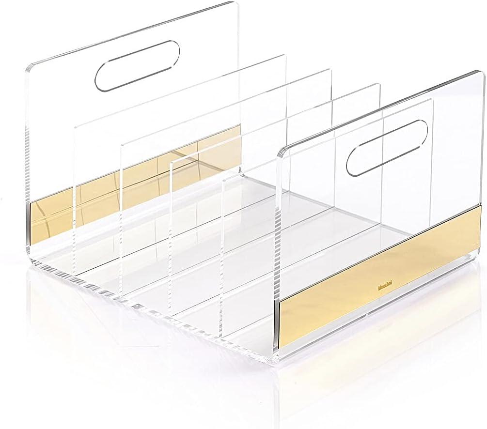Mouchoi Modern Acrylic Desk File Organizer, Clear File Organizer, Acrylic Magazine Holder, 5 Compartments, Gold Trim