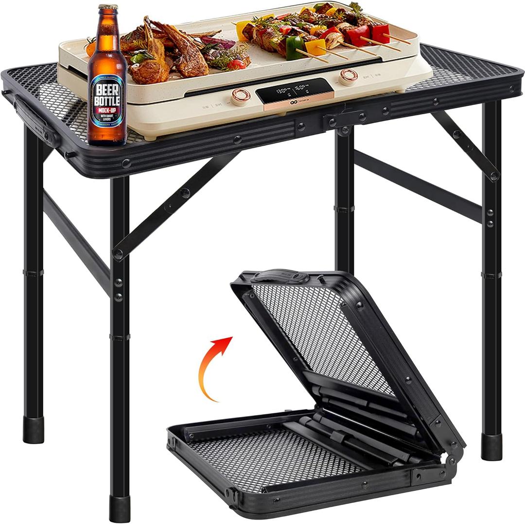 HPC Decor Folding Grill Table-Camping Table with Mesh Desktop,Portable Picnic Table with Carry Handle,27/56cm Height Adjustable Metal Table-Outdoor Grill Table,Folding Table for Outside Inside Use. (2*1.8FT)