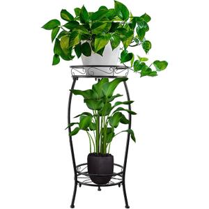 Tall Plant Stand Indoor Outdoor, 2Tier Metal Potted Flower Pot Stand, Heavy Duty Iron Planter Shelves Rack Anti-rust, 27" (Black)