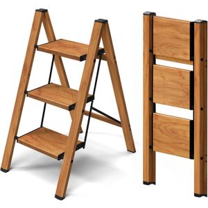 Taranta 3 Step Ladder,Aluminum Lightweight Folding 3 Step Stool with Anti-Slip Wide Pedal, 330lbs Capacity Step Ladder for Household,Kitchen,Office - Woodgrain