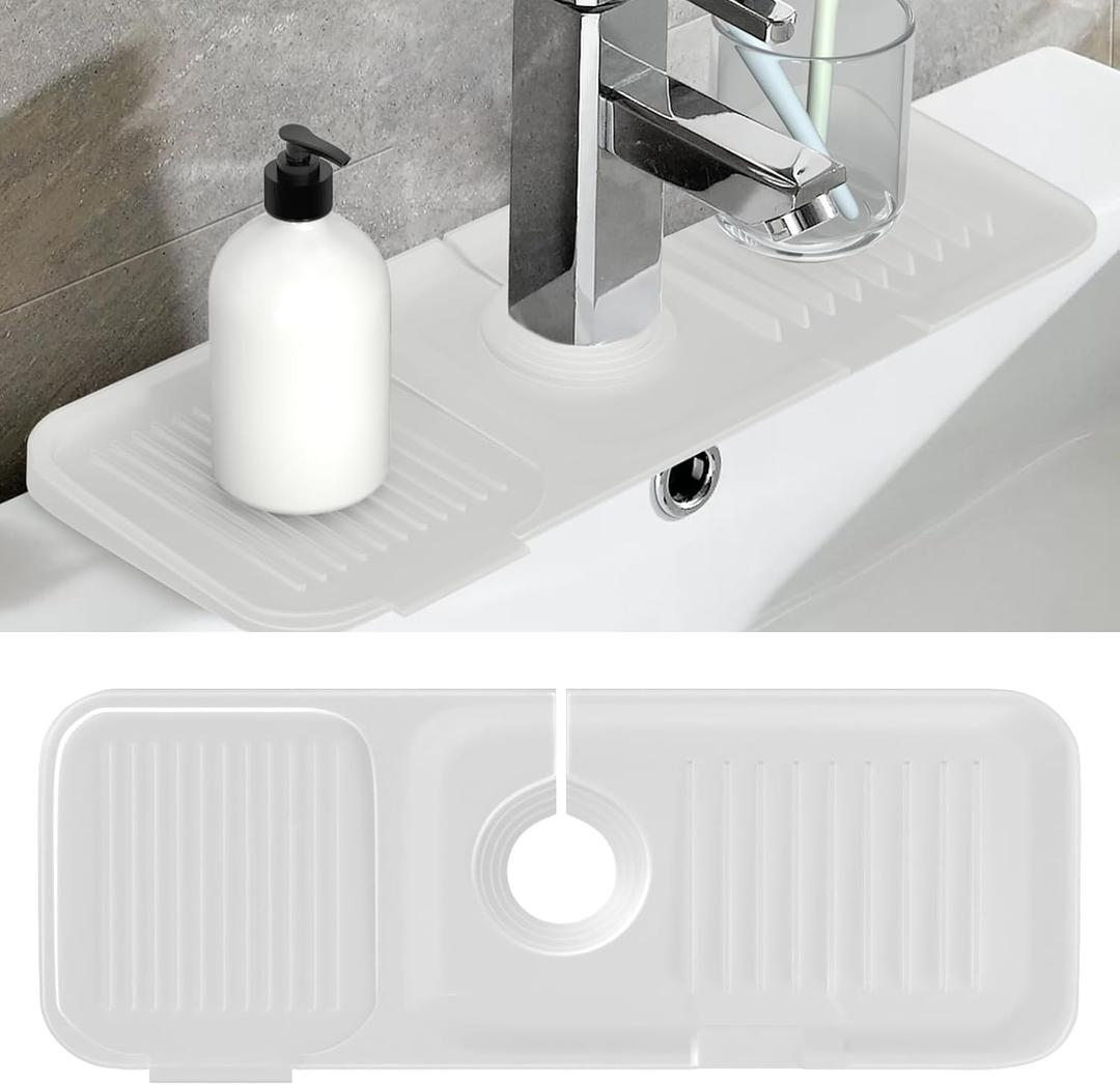Toovem Kitchen Faucet Sink Splash Guard,14.5x5.5in Silicone Faucet Water Catcher Mat, Faucet Handle Drip Catcher Tray,Soap Sponge Holder for Kitchen, Bathroom, Farmhouse, Countertop Protect, Clear