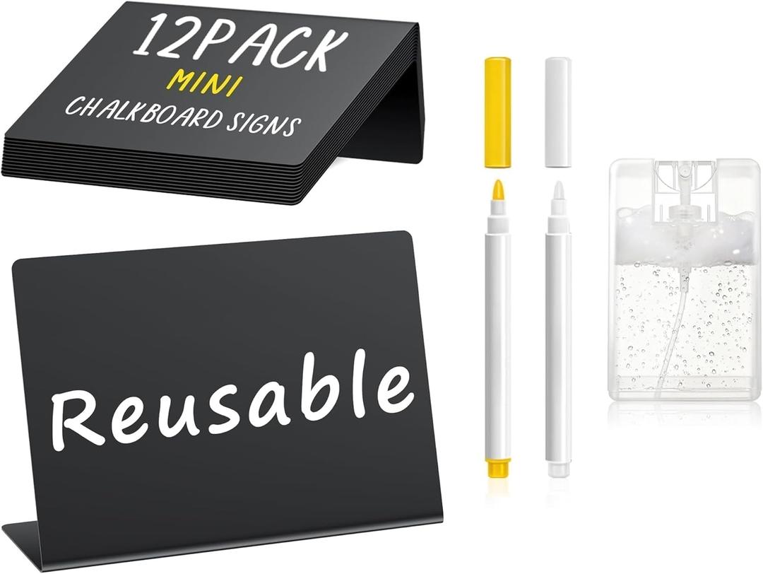 PigPotParty 12 Pcs Food Labels for Party Buffet, 4"x3" Mini Chalkboard Signs for Food Display, Table Place Cards - Name Tags- Small Chalk Board Signs, w/Cleaning Spray & 2 Markers