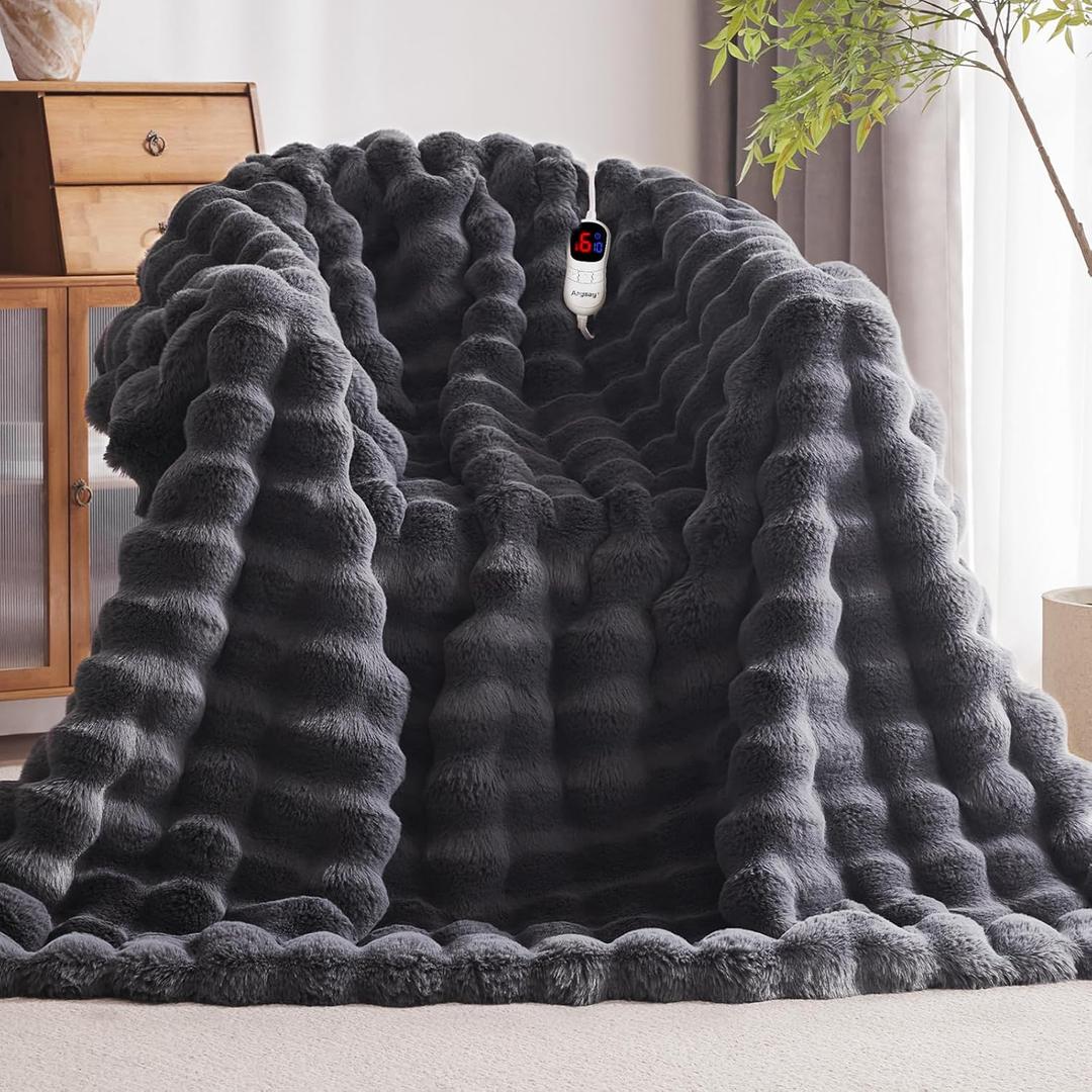 Anysay Heated Blanket Throw with 1/2/4/6/8 Hours Auto-Off 10 Heat Level, 50'' * 60'' Cozy Faux Rabbit Fur Bubble Electric Blanket with Overheat Protection(Dark Grey)