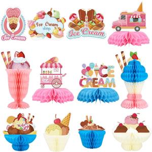 12 PCS Ice Cream Party Decorations Ice Cream Honeycomb Centerpiece Ice Cream Birthday Party Decorations Table Centerpieces for Sweet One Baby Shower Birthday Themed Parties
