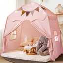 Extra Large Toddler Bed Tent & Kids Play Tent Bed Tent with Flags & Star Lights, Portable & Foldable Teepee, Indoor Outdoor Dome Tent Playhouse, 59x39x59 In, Pink