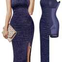 Popilush Shapewear Midi Dress Women's Sparkly Formal Wedding Guest Cocktail Dresses Fall Square Neck Ruched Dress Side Slit Size S