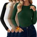 4 Pack Women's Thermal Long Sleeve Shirt Ribbed Cotton Slim Tops Crew Neck Basic Undershirt Stretch Layer Blouses (Large, Olive Green, Khaki, White, Black)