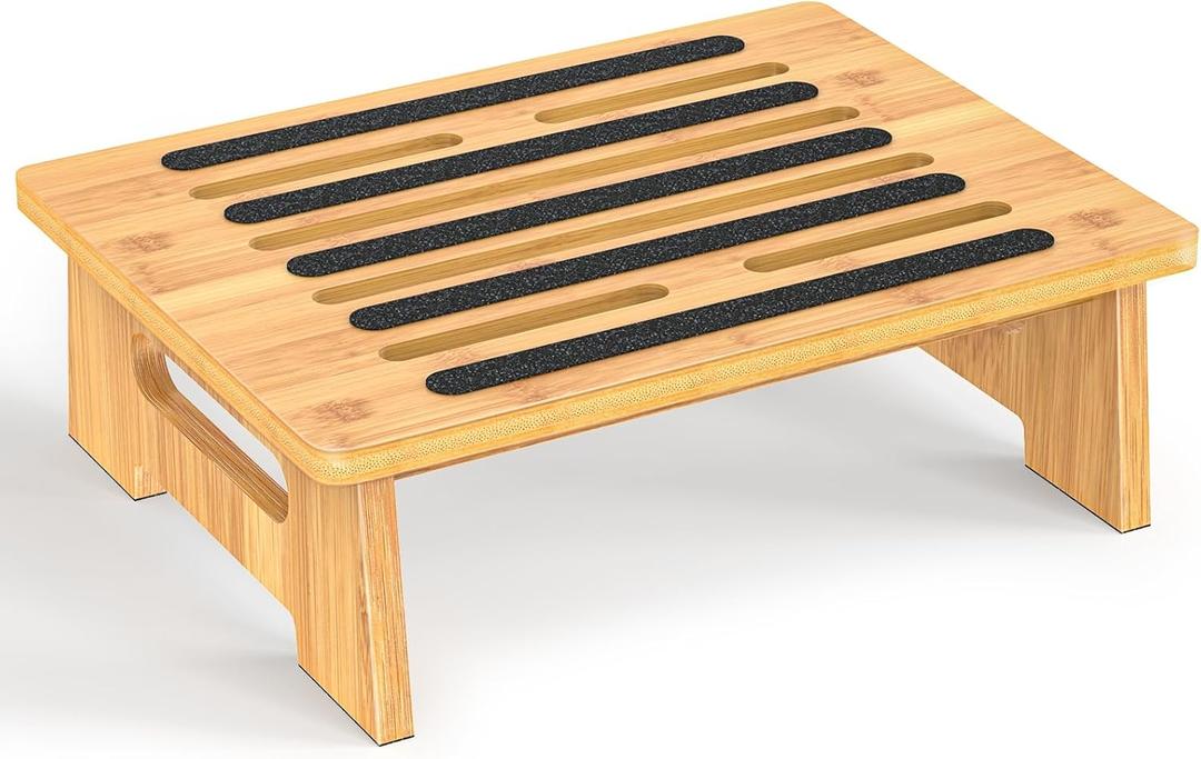 One Step Stool for Adults Seniors and Kids with Non Slip Surface, Natural Bamboo Stepping Stools for High Bed, Bathroom and Kitchen, Hold Up to 450 LBS, Lightweight, Waterproof, Easy to Install