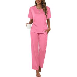 Ekouaer 2 Pack Womens Ribbed Knit Lounge Set Short Sleeve Loungewear Henly Neck Top and Pants Sleepwear Pajama with Pockets (M, Pink)