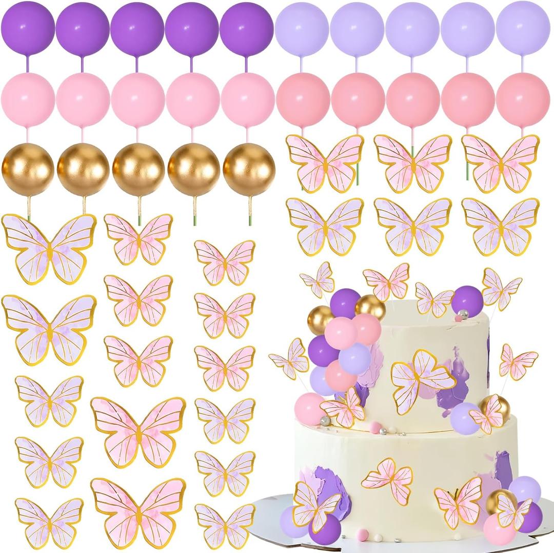 Pink Purple Butterfly Cake Toppers 47Pcs Pastel Balls Cake Toppers Butterflies Cupcake Decoration Balls Cupcake Insert Foam Balloons Cake Topper for Baby Shower Wedding Bridal Shower Party