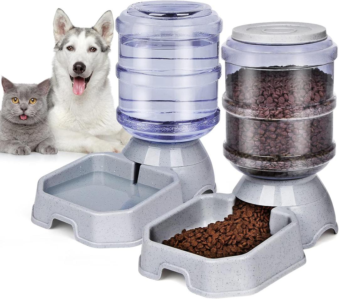 Pet Feeder and Water Food Dispenser Automatic for Dogs Cats, 100% BPA-Free, Gravity Refill, Easily Clean, Self Feeding for Small Large Pets Puppy Kitten Rabbit Bunny (Grey)
