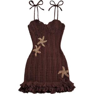 Verdusa Women's Boho Chic Colorblock Starfish Tie Shoulder Crochet Dress Hollow Out Ruffle Layered Mini Dress Brown Small