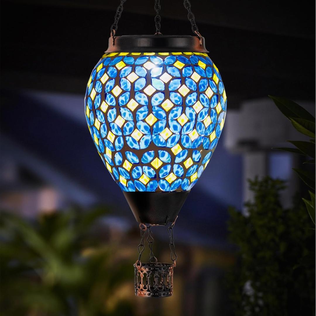 Mosaic Hot Air Balloon Solar Lantern with Flickering Flame, Blue Mosaic Hanging Solar Lantern Lights Outdoor Waterproof for Garden Patio Gifts for Women Mom Grandma